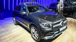 A dark-gray metallic Mercedes-Benz GLC luxury crossover SUV on display at Brussels Expo on January 9, 2020, in Brussels, Belgium.