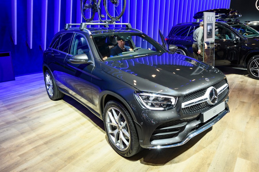 A dark-gray metallic Mercedes-Benz GLC luxury crossover SUV on display at Brussels Expo on January 9, 2020, in Brussels, Belgium.