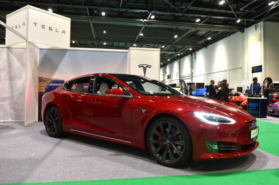 A dark-red 2020 Tesla Model S is displayed during the London Motor and Tech Show at ExCel on May 16, 2019, in London, England