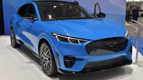 An electric Ford Mustang Mach-E is seen at the 2020 New England Auto Show Press Preview at Boston Convention & Exhibition Center on January 16, 2020. in Boston, Massachusetts.