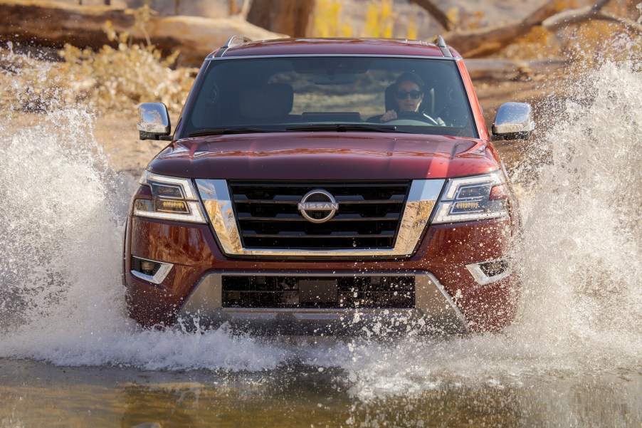 The 2021 Nissan Armada offers a rugged yet refined exterior that matches its capability, with a more squared and chiseled appearance from the A-pillars forward. The new front fenders, grille, and bumper are framed by a new LED headlight design with more than 50 LEDs in each headlamp, helping create a wide, bright headlight pattern.