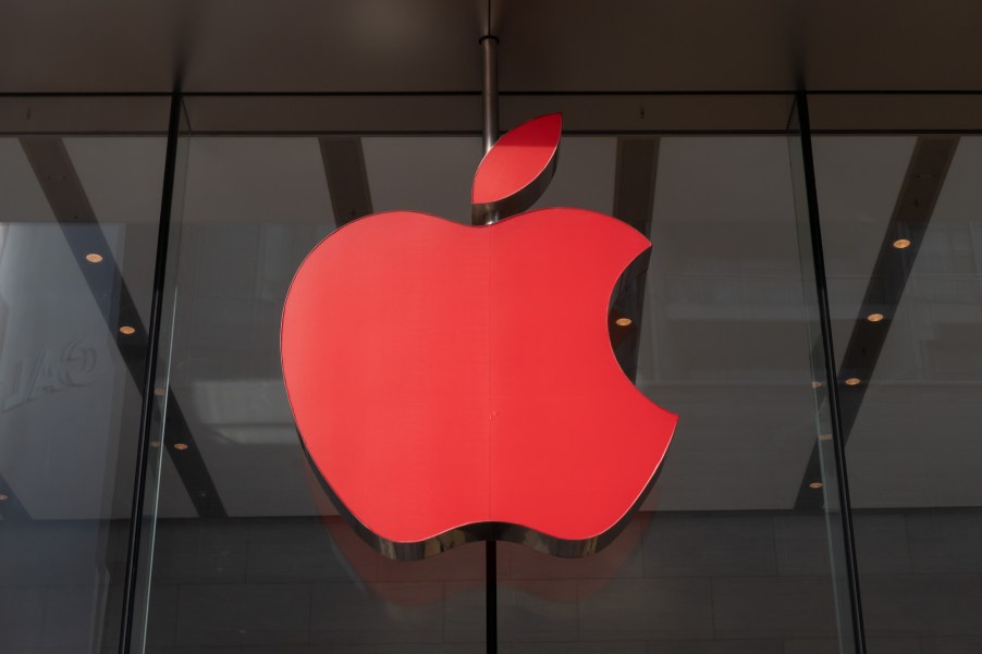 A red Apple logo on the Apple Store on Nanjing Road Pedestrian Street in Shanghai, China, on December 1, 2020.