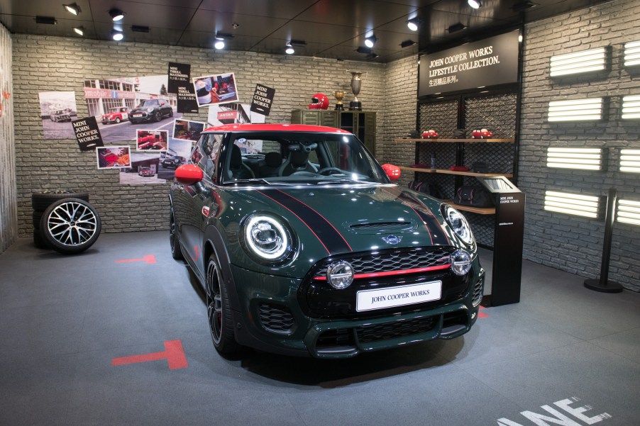 A BMW Mini John Cooper Works on display during 2020 Beijing International Automotive Exhibition (Auto China 2020) at China International Exhibition Center on September 26, 2020, in Beijing, China.