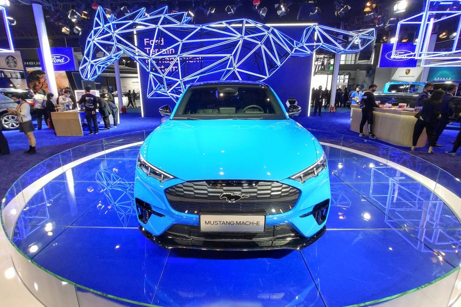 A Ford MUSTANG Mach-e sports car is seen at the third China International Import Expo