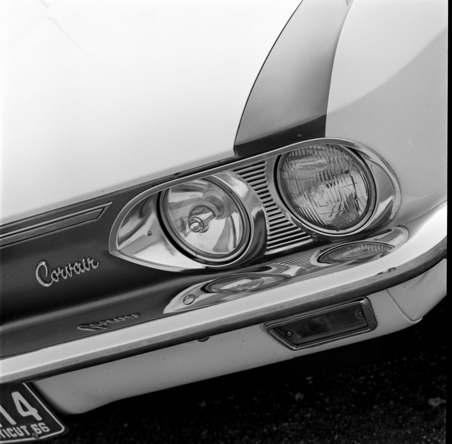 The driver's side headlights of the Chevrolet Corvair