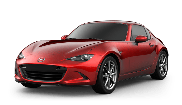 a press photo of a red 2020 Mazda MiX-5 Miata RF against a white backdrop