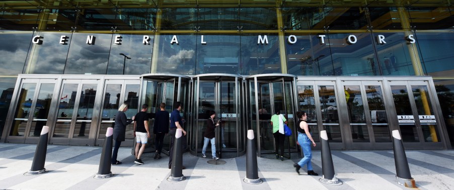 Visitors are seen at the General Motors world headquarters office in Detroit's Renaissance Center