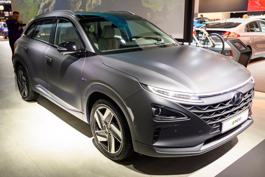 A 2020 Hyundai Nexo hydrogen fuel cell electric vehicle on display at Brussels Expo on January 9, 2020, in Brussels, Belgium