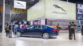 A Jaguar booth set up at an auto show