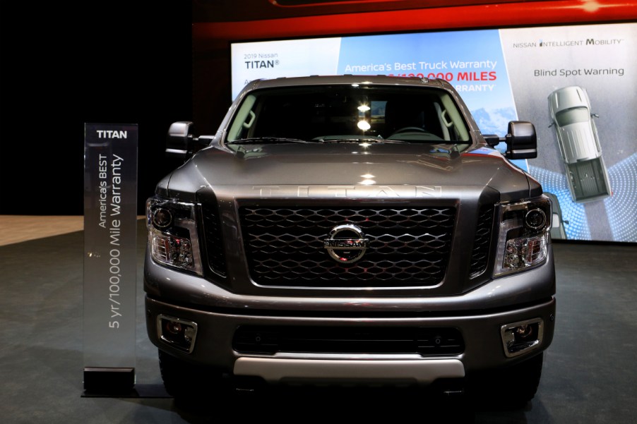 A Nissan Titan on display at an auto show