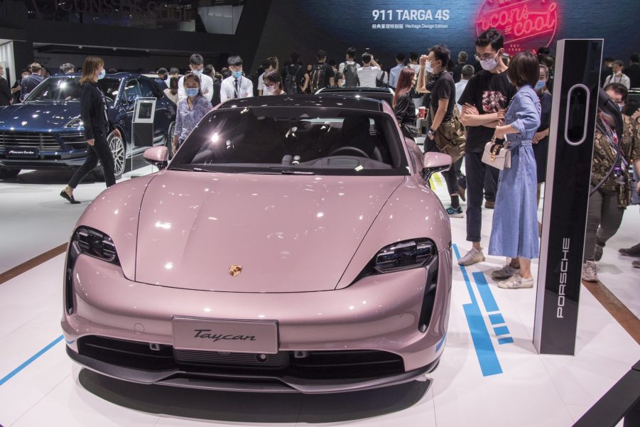 A Porsche Taycan 4S vehicle is on display during the 18th Guangzhou International Automobile Exhibition at China Import and Export Fair Complex