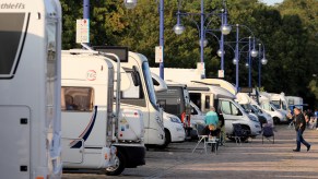 RV campers lined up in a parking lot