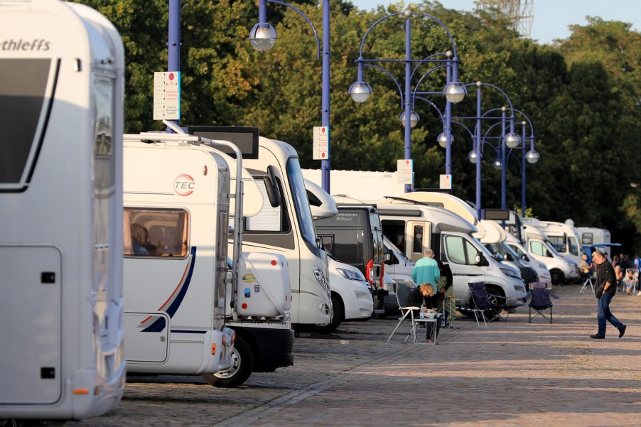 RV campers lined up in a parking lot