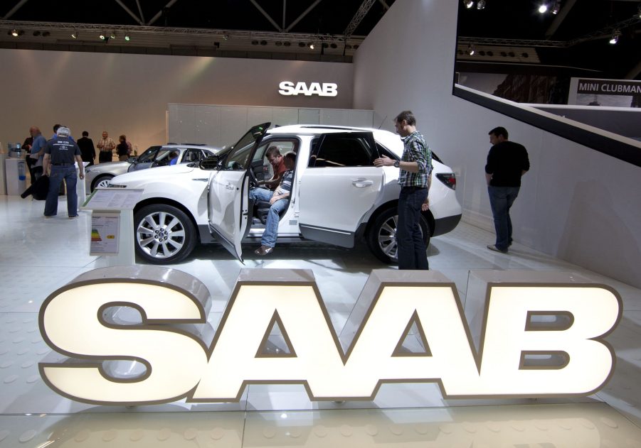 A Saab SUV on display at an auto show