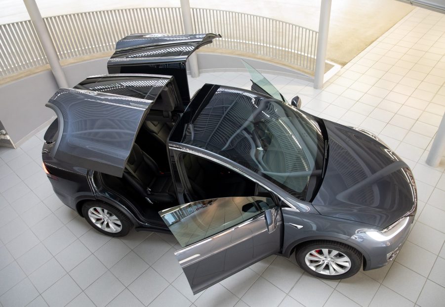 A Tesla Model X is on display in the new Tesla Service Center