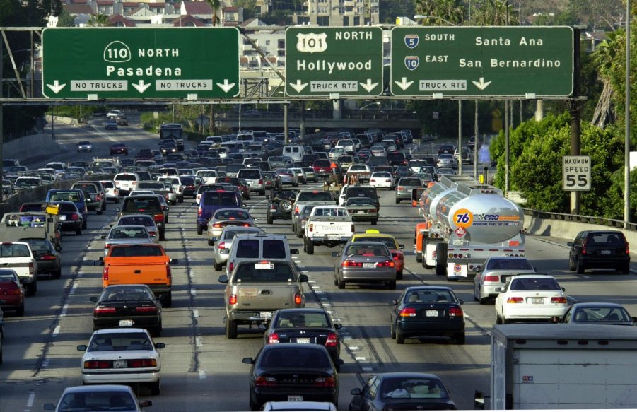 Cars stuck in traffic on a highway