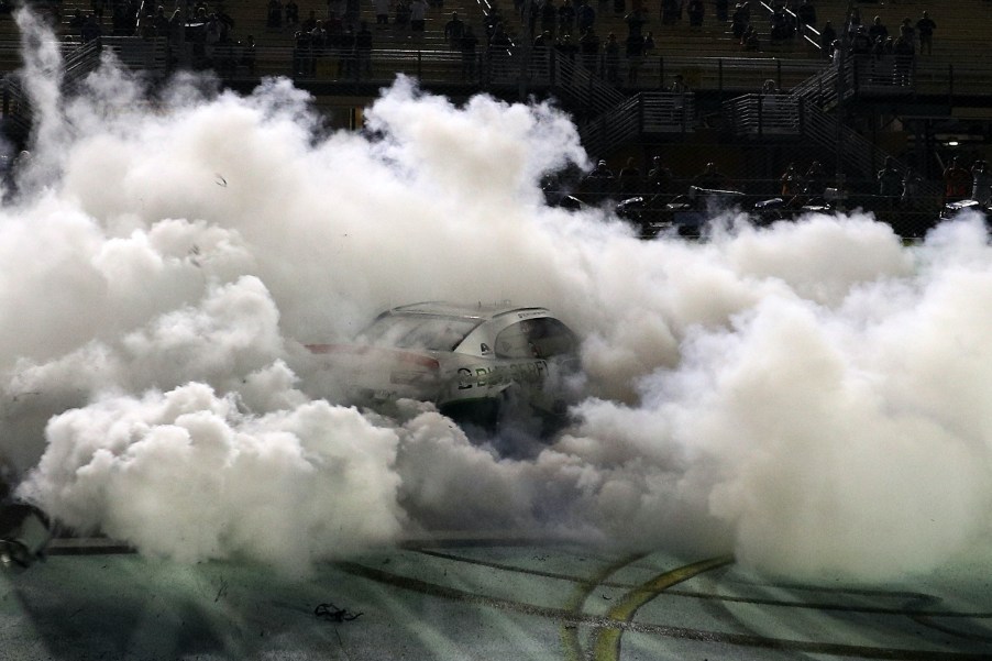 NASCAR winner doing a smokey burnout in the infield