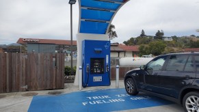 Pump with logos is visible at True Zero hydrogen fuel cell filling station in Marin County, Mill Valley, California, August 16, 2020.