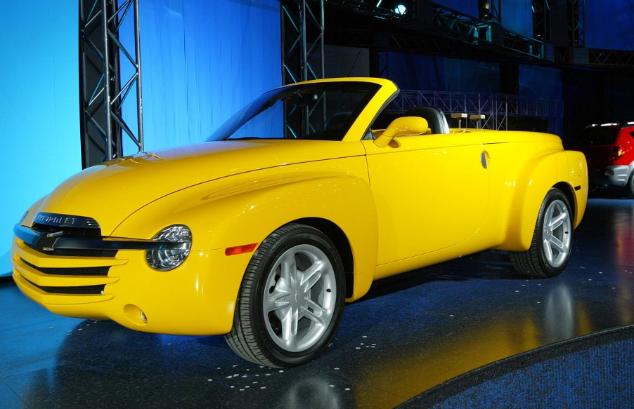 A yellow Chevy SSR pickup truack at the CIAS-Canadian International Auto Show in Toronto on Feb 14 through 23, 2003