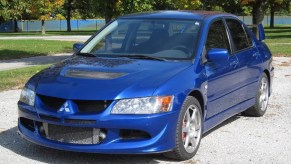 A blue 2005 Mitsubishi Lancer Evolution VIII