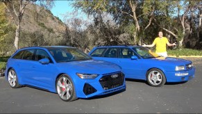 A blue 2021 Audi RS6 Avant RS Tribute Edition next to a blue 1994 Audi RS2 Avant