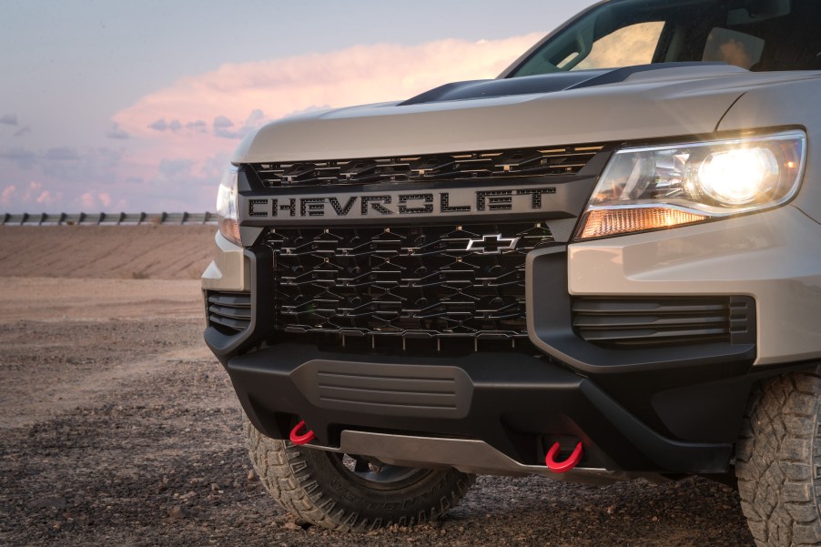 The front end of a white 2021 Chevy Colorado ZR2