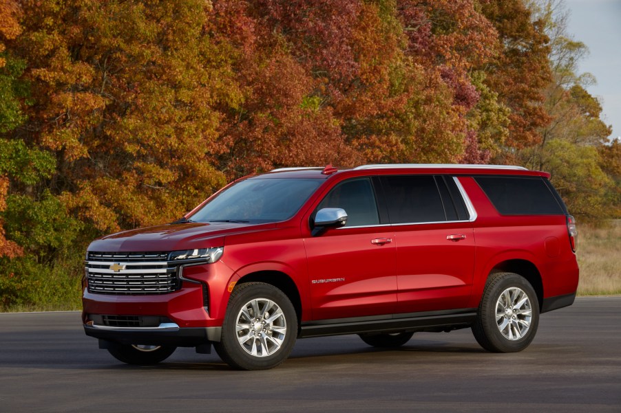 A red 2021 Chevrolet Suburban Premier with the 3.0L Duramax Turbo-Diesel