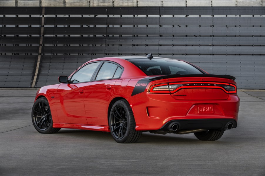 A red 2021 Dodge Charger Daytona parked on display