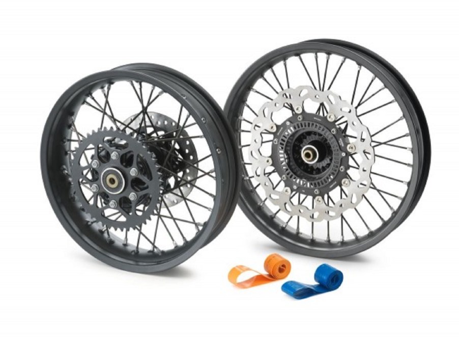 The black 2021 KTM 390 Adventure optional spoked wheels with blue and orange inner tubes