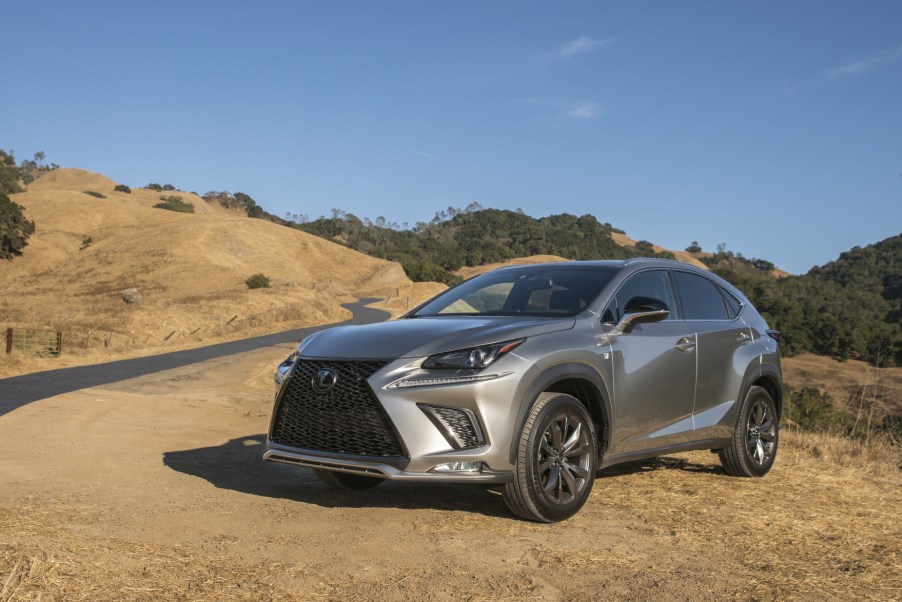 A silver 2021 Lexus NX parked on rugged terrain