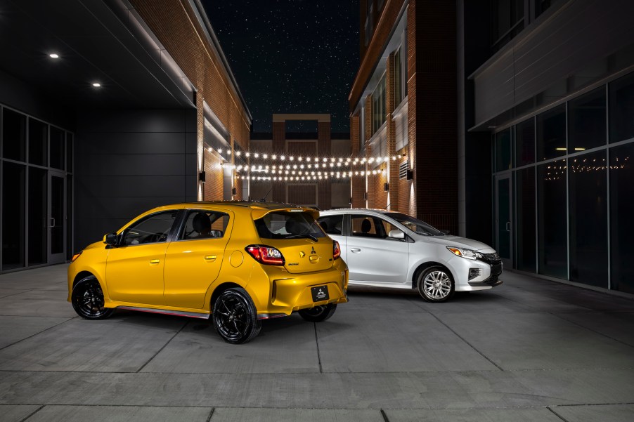 2021 Mitsubishi Mirage and Mirage G4 shown in Sand Yellow and White Diamond