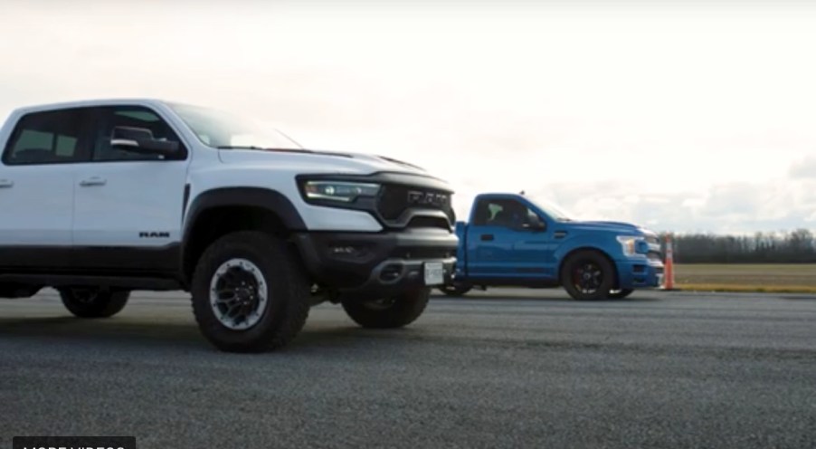 the Shelby F-150 Super Snake vs the Ram 1500 TRX on a straight track in a pickup truck drag race