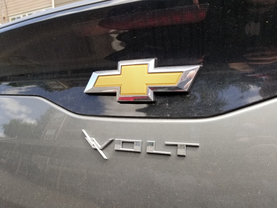 Close-up of logo on the back of a Chevrolet Volt electric car in the San Francisco Bay Area, Dublin, California