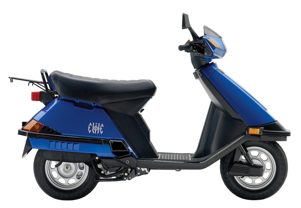 press photo of a blue Honda Elite motor scooter against a white backdrop