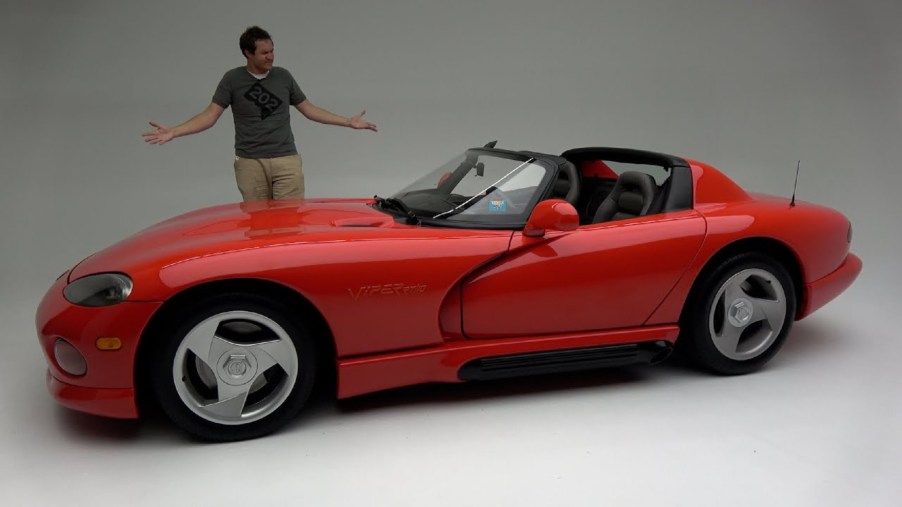 Doug DeMuro with a red 1992 Dodge Viper RT/10