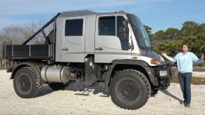 Doug Demuro with a silver 2004 Mercedes Unimog U500