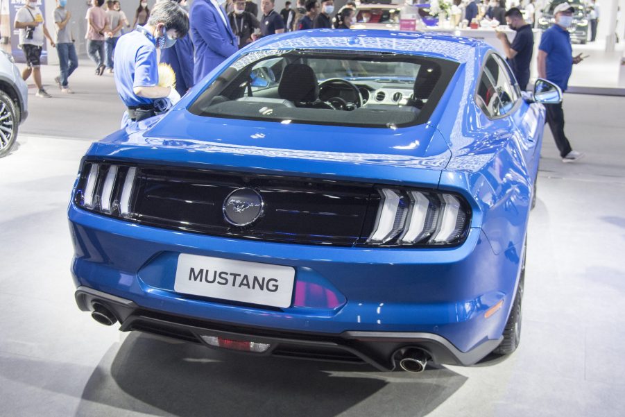 A Ford Mustang sports car is on display during the 18th Guangzhou International Automobile Exhibition at China Import and Export Fair Complex