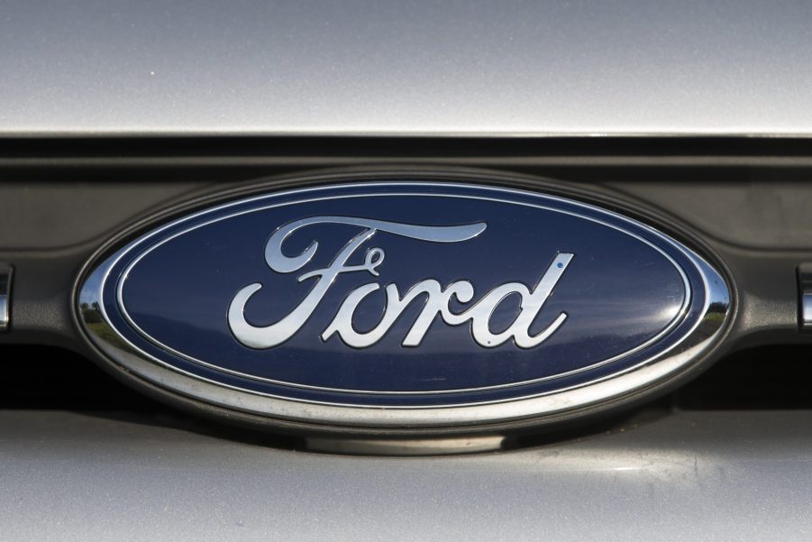 A close-up of a Ford badge on a car at the Ford garage near the Bridgend engine plant. The 2022 Ford Maverick will one day soon don the same badge