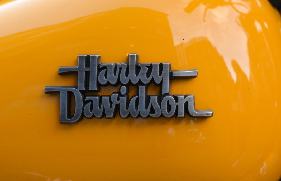 A logo of Harley-Davidson, seen on a bike from Christian Motorcyclists Association (CMA), parked in Dublin city center.