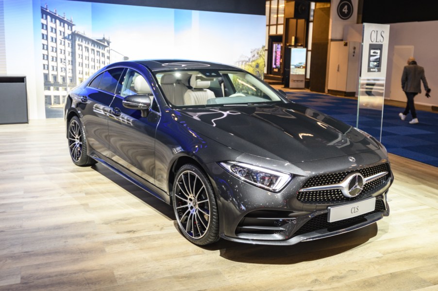 A Mercedes E-Class on display at an auto show