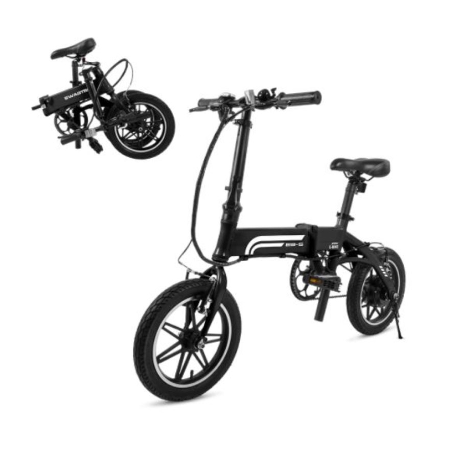 A folded and unfolded black Swagtron EB5 Pro Electric Bicycle