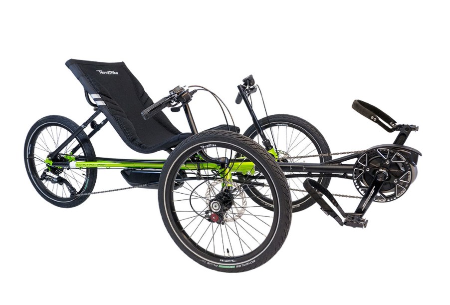 A bright-green TerraTrike Rambler EVO recumbent e-trike