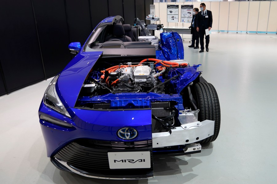 A cutaway model of the Toyota Motor Corp. Mirai fuel cell electric vehicle (FCEV) during a media event at the company's showroom