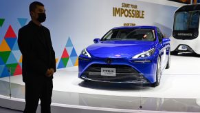 A Toyota Mirai car is displayed at the Beijing Auto Show in Beijing