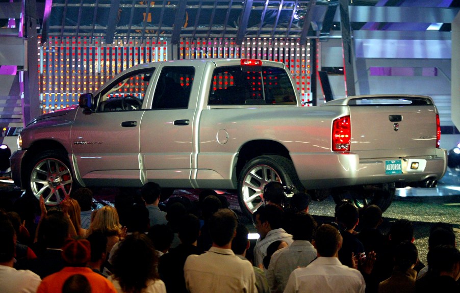 A beige metallic 2005 Dodge Ram 2500 onstage during the Spike TV Presents Auto Rox: The Automotive Award Show at the Barker Hanger Airport on January 22, 2005, in Santa Monica, California.