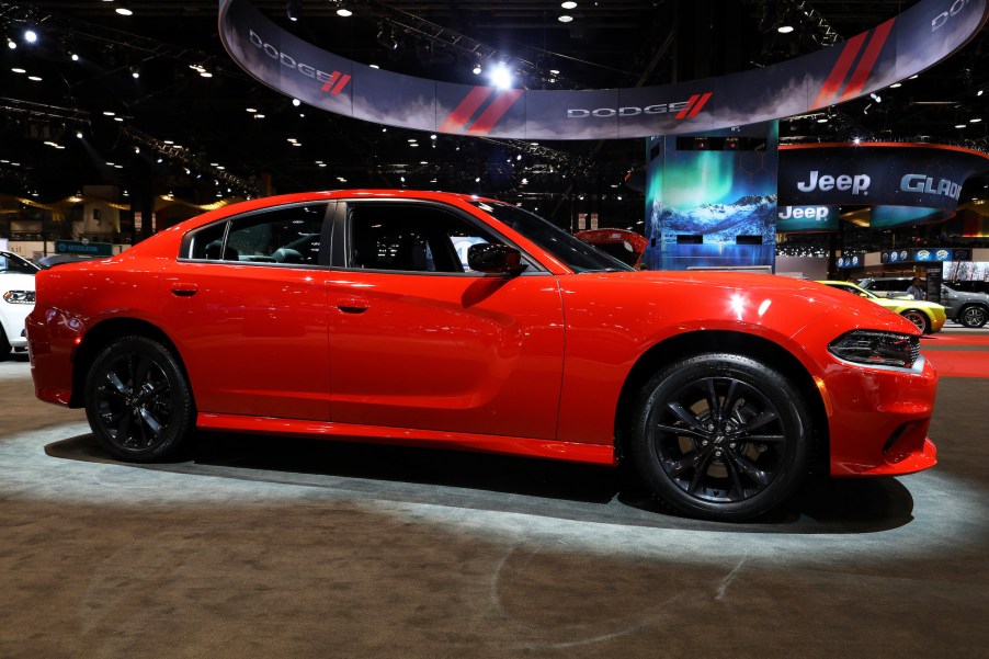 A red 2020 Dodge Charger on display at the 112th-annual Chicago Auto Show at McCormick Place in Chicago, Illinois, on February 7, 2020.