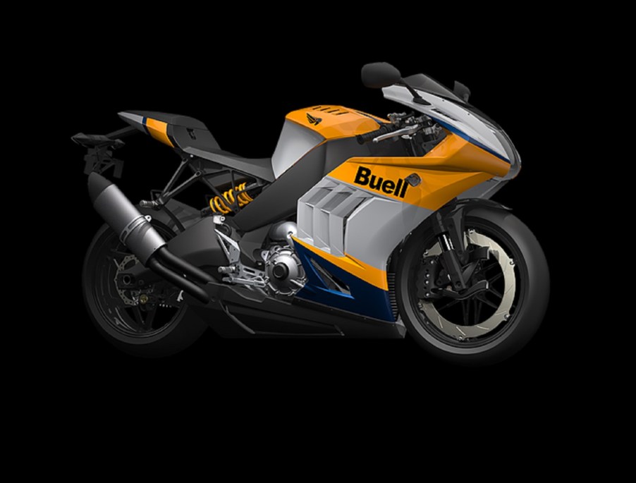 A silver-and-yellow 2021 Buell Motorcycles 1190RX Hammerhead