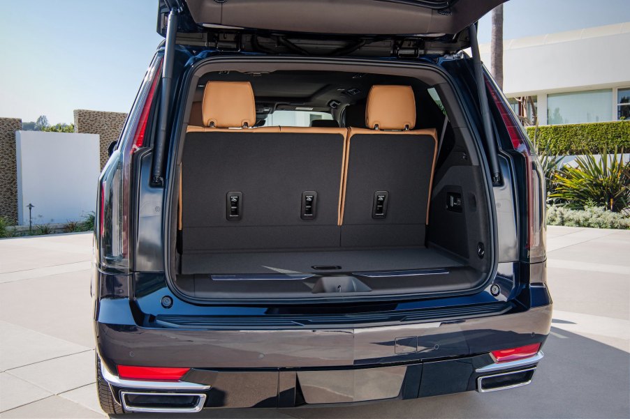 Cargo space behind the third row of a 2021 Cadillac Escalade full-size SUV