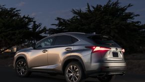 A silver 2021 Lexus NX 300 parked at night with trees in the background