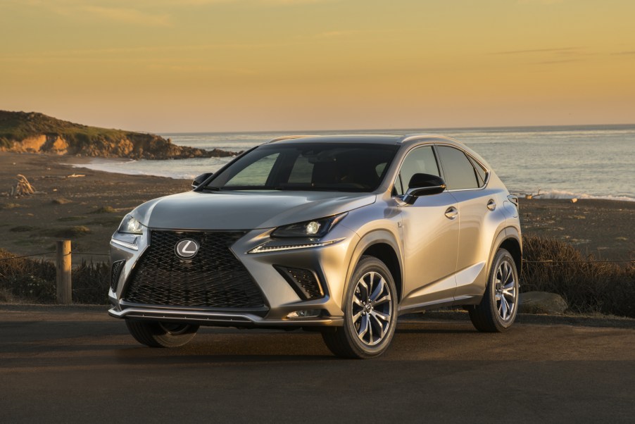 A silver 2021 Lexus NX 300 parked next to the oceanside